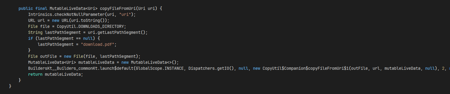 copyFileFromUri — copies PDF from URI to Downloads directory