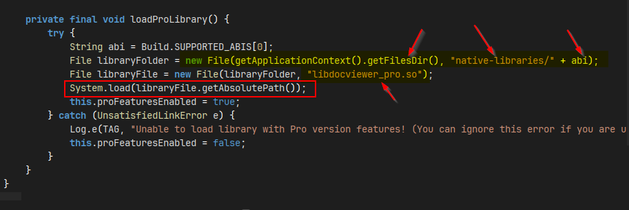 Native library load path and initProFeatures() call