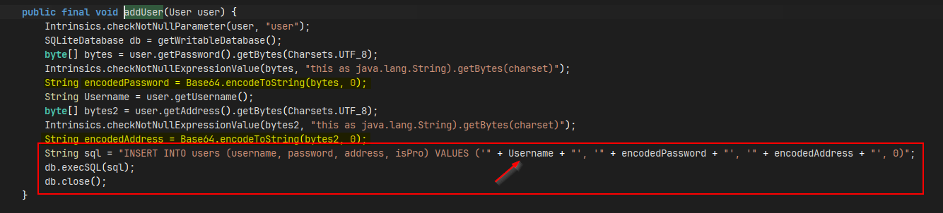 addUser() — data concatenated into a raw SQL query