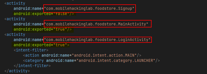jadx decompilation — three activities, two exported