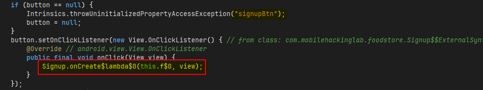 SignupActivity — function called on signup button click