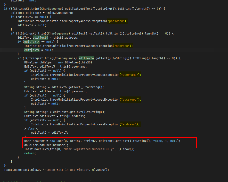 Signup function — checks data not null, calls addUser()