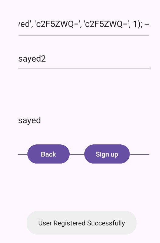 SQLi payload entered in the signup form