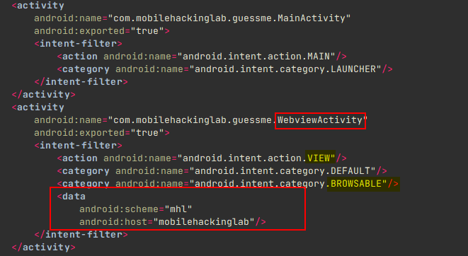 AndroidManifest.xml — exported WebView activity with mhl:// scheme