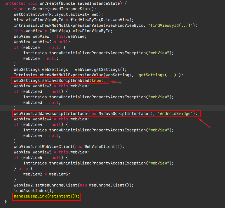GuessMe WebView setup — JavaScript enabled and AndroidBridge interface added