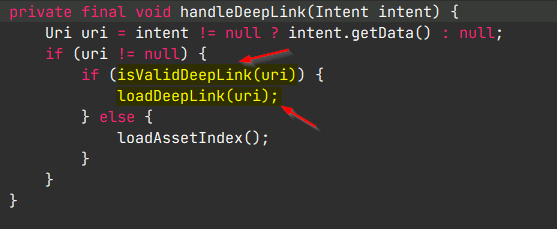 GuessMe handleDeepLink() — validates the deeplink then calls loadDeepLink(uri)