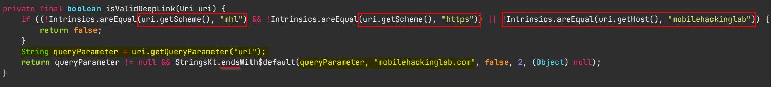 GuessMe deeplink validation — scheme/host check and url query parameter endsWith check