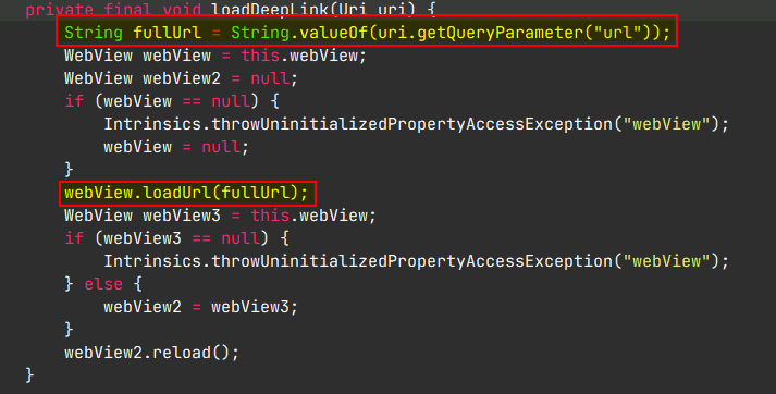 GuessMe loadDeepLink() — takes the url query parameter and loads it in the WebView