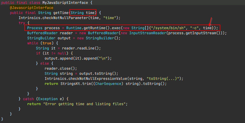GuessMe MyJavaScriptInterface — getTime(time) passing input into a shell command