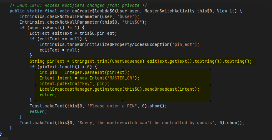 MasterSwitchActivity — non-exported activity in the manifest