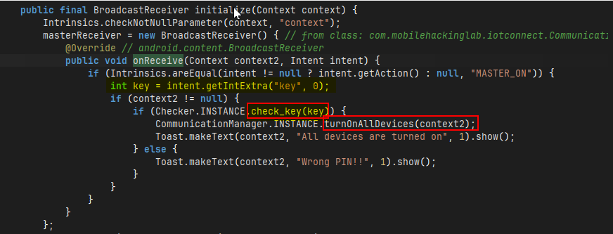 MasterSwitchActivity — sends MASTER_ON broadcast with the PIN