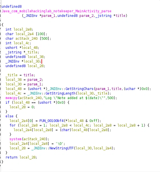 Ghidra view of the native parse() function