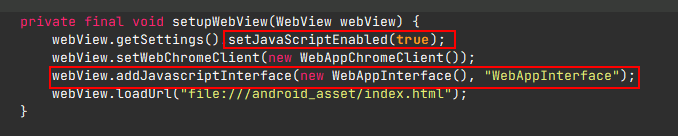 Postboard setupWebView() — JavaScript enabled + WebAppInterface bridge