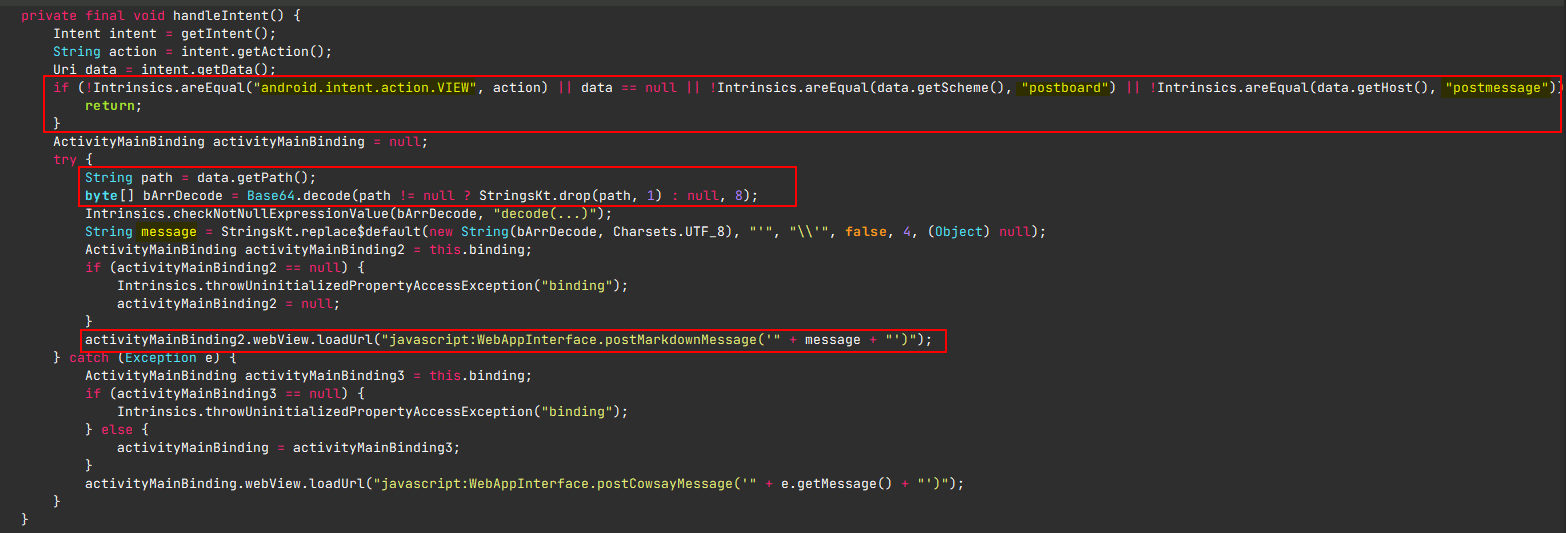 Postboard handleIntent() — VIEW action, postboard:// URI parsing
