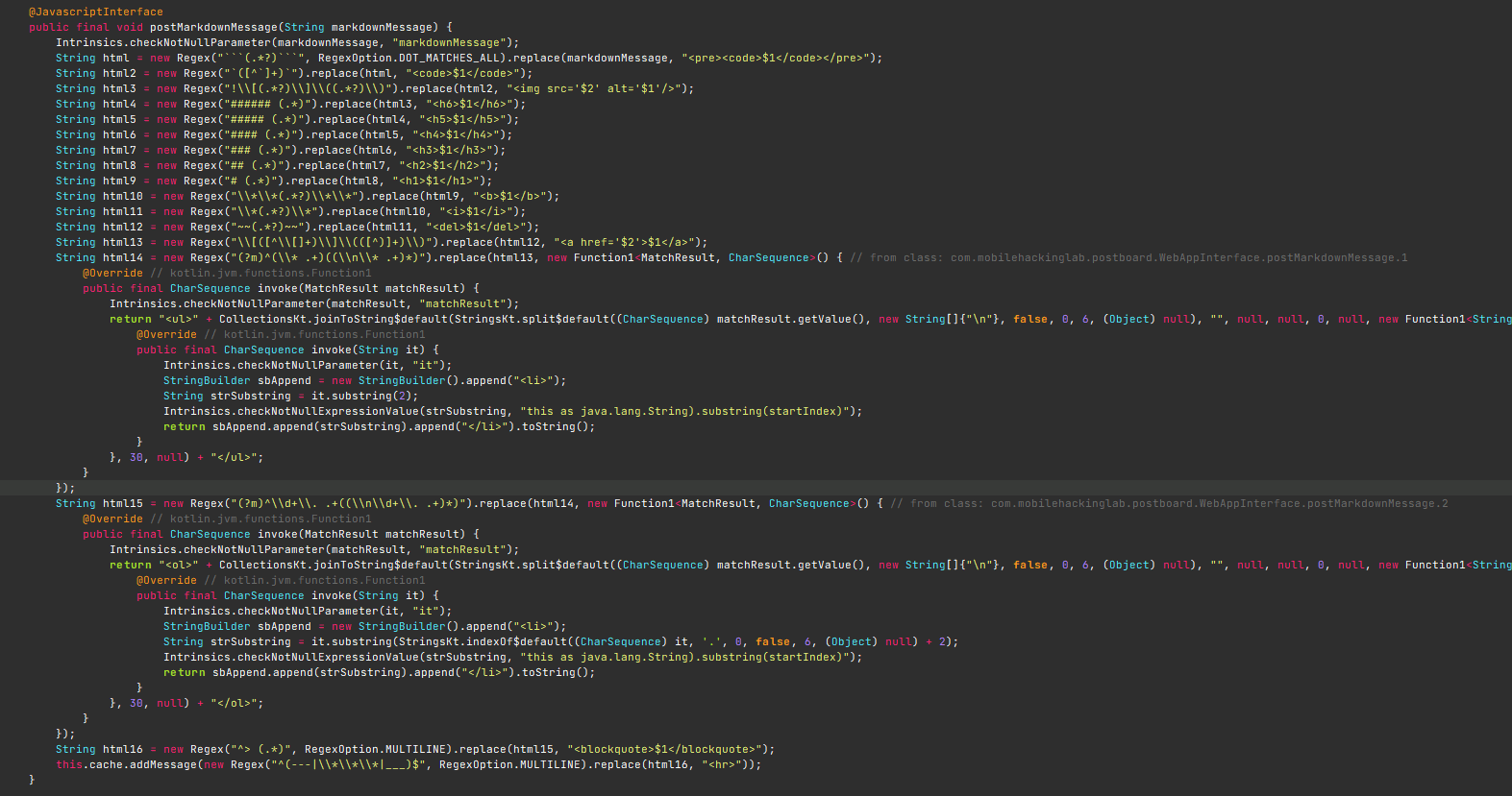 Postboard postMarkdownMessage() — markdown to HTML without sanitization