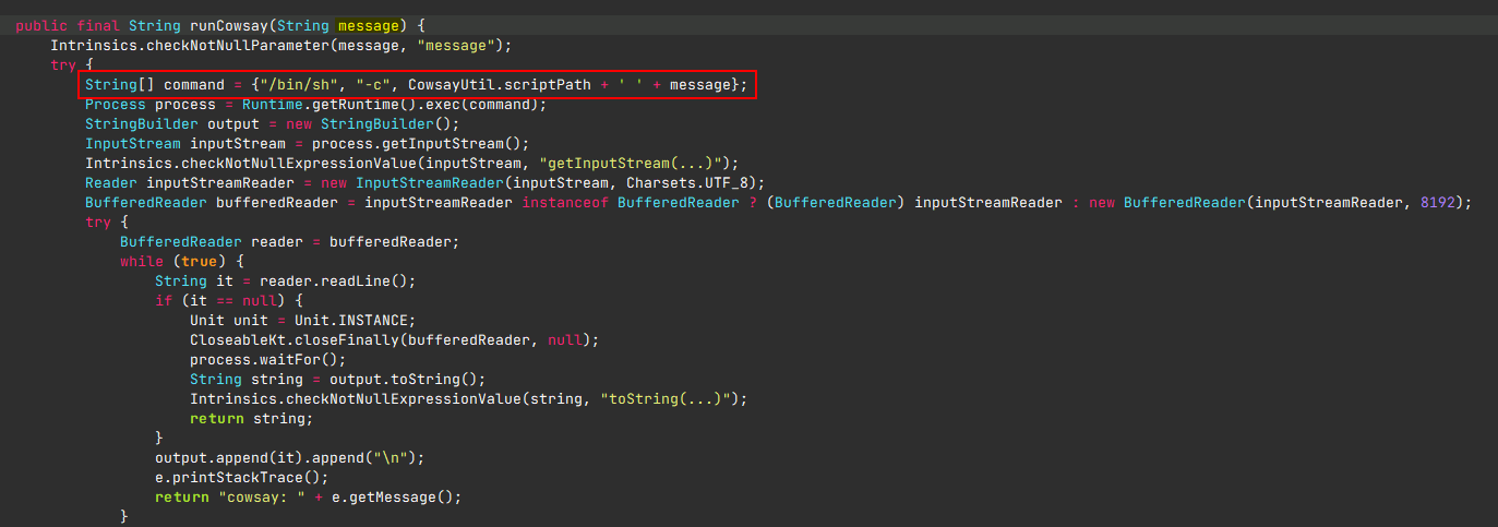 Postboard runCowsay() — message appended to bash command
