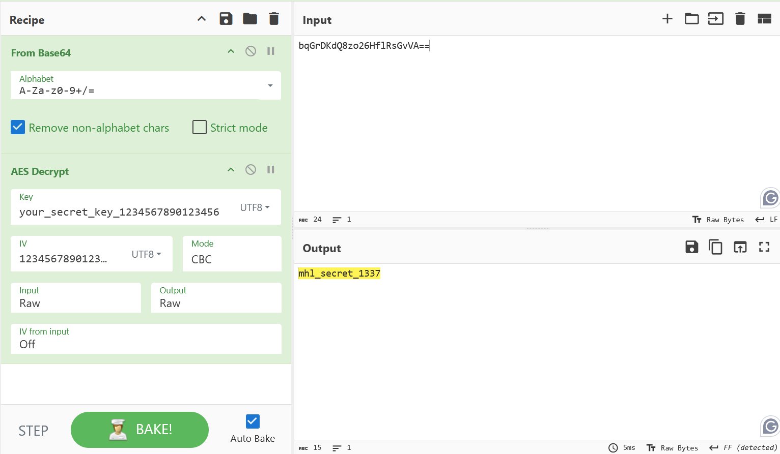CyberChef output — plaintext secret mhl_secret_1337