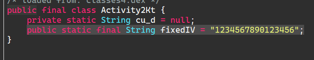 Decompiled code showing hardcoded fixedIV = '1234567890123456'