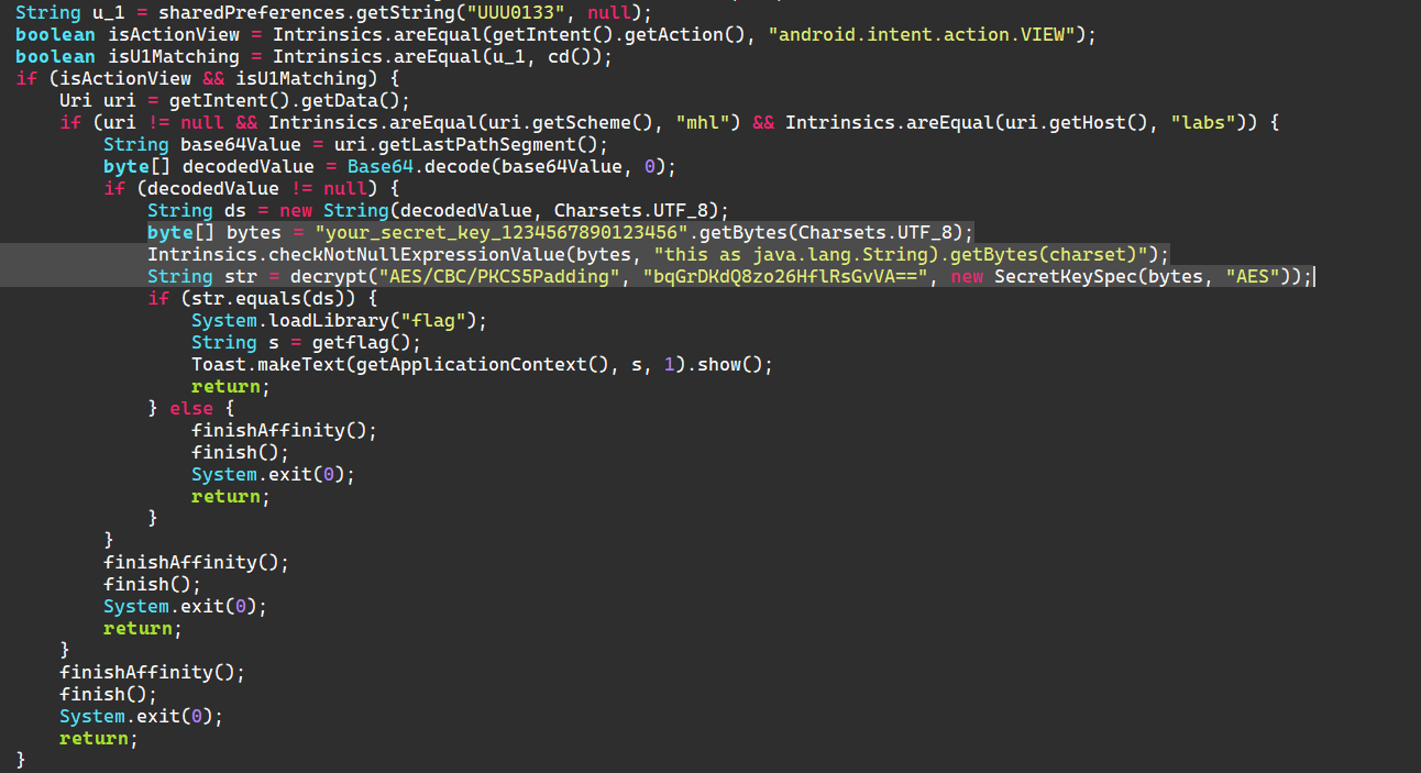 Decompiled Kotlin — hardcoded secret key and IV in Activity2