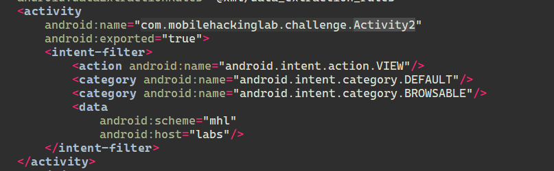 AndroidManifest.xml — exported activity with mhl://labs deep link