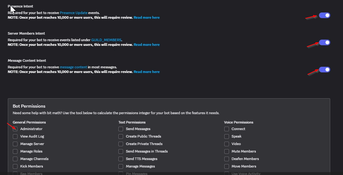 Configuring the Discord bot permissions